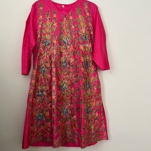 Indian Kurta Pant And Dupatta Set, hot pink and floral, polyester